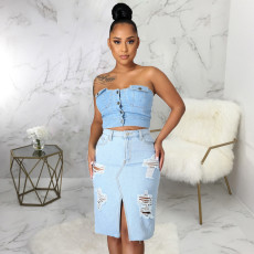 Denim Ripped Hole Split Midi Skirt HSF-2521