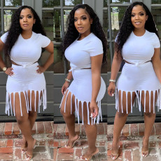 Solid Short Sleeve Tassel Skirt Two Piece Sets YM-9297