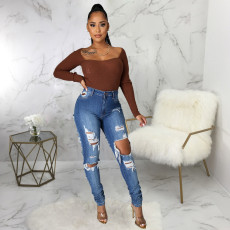 Denim Ripped Hole High Waist Skinny Jeans Pencil Pants HSF-2508