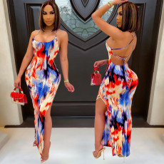 Sexy Printed Split Backless Slip Maxi Dress BGN-148