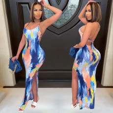 Sexy Printed Split Backless Slip Maxi Dress BGN-148