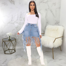 Denim Tassel High Waist Mini Skirt HSF-2416