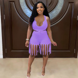 Solid Tank Top+Tassel Shorts Two Piece Sets YIBF-6089