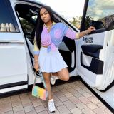 Striped 3/4 Sleeve Shirt Top+Pleated Mini Skirt 2 Piece Sets HMS-5438
