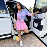 Striped 3/4 Sleeve Shirt Top+Pleated Mini Skirt 2 Piece Sets HMS-5438