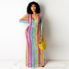 Colorful Striped Gird Hollow Out Long Club Dress TE-4224
