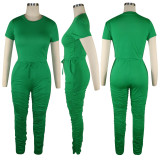 Solid Short Sleeve Ruched Pants Two Piece Sets TE-4001