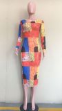 Sexy Mesh Printed Long Sleeve Midi Dress ORY-5197