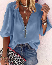 Solid Long Sleeve Zipper Blouse Top ORY-5199