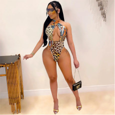 Sexy Leopard Halter Hollow Out One-Piece Swimsuit QSF-51020