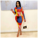 Sexy Mesh Printed Long Sleeve Midi Dress ORY-5197