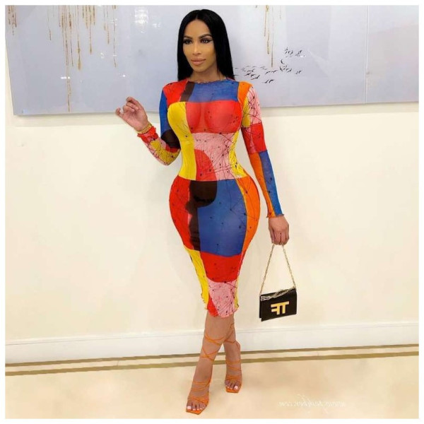 Sexy Mesh Printed Long Sleeve Midi Dress ORY-5197