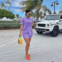 Casual Striped T Shirt Pocket Shorts 2 Piece Sets NYF-8077