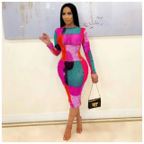 Sexy Mesh Printed Long Sleeve Midi Dress ORY-5197