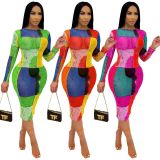 Sexy Mesh Printed Long Sleeve Midi Dress ORY-5197