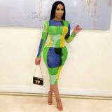 Sexy Mesh Printed Long Sleeve Midi Dress ORY-5197