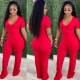 Solid V Neck Short Sleeve Wide Leg Jumpsuit MEM-88372