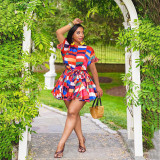 Plus Size Plaid Print Short Sleeve Sashes Mini Dress WPF-80148