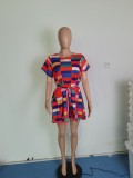 Plus Size Plaid Print Short Sleeve Sashes Mini Dress WPF-80148