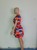 Plus Size Plaid Print Short Sleeve Sashes Mini Dress WPF-80148