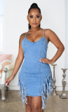 Plus Size Denim Tassel Spaghetti Strap Mini Dress LX-3003