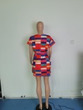 Plus Size Plaid Print Short Sleeve Sashes Mini Dress WPF-80148