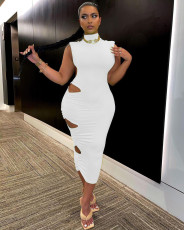 Solid Shoulder Pads Sleeveless Hole Maxi Dress WY-6809