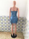 Plus Size Denim Tassel Spaghetti Strap Mini Dress LX-3003