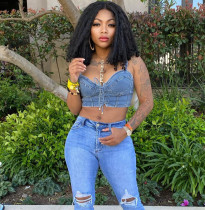 Sexy Denim Lace-Up Slim Cropped Cami Top HMS-5479