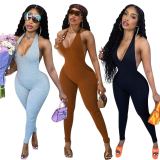 Solid Sexy Halter Backless Jumpsuit MEM-88373
