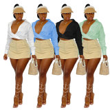 Sexy Solid Deep V Neck Long Sleeve Shirt Top MTY-6558