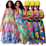 Plus Size Printed Halter Big Swing Maxi Dress NNWF-7240
