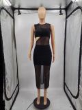 Solid One Shoulder Crop Top+Mini Skirt+Mesh Long Dress 3 Piece Sets MTY-6561