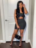 Solid One Shoulder Crop Top+Mini Skirt+Mesh Long Dress 3 Piece Sets MTY-6561