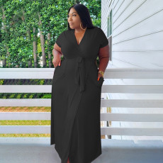 Plus Size Solid V Neck Short Sleeve Maxi Dress BDF-8090