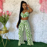 Plus Size Striped Sling Crop Top+Ruffled Pants 2 Piece Sets YIM-201