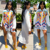 Casual Printed Long Sleeve Split High Low Shirt WMEF-20761