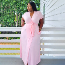 Plus Size Solid V Neck Short Sleeve Maxi Dress BDF-8090