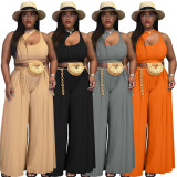 Plus Size Solid Sleeveless Wide Leg Pants 2 Piece Sets YS-8821