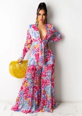 Sexy Chiffon Printed Blouse Top Wide Leg Pants 2 Piece Sets SFY-2125