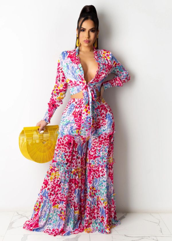 Sexy Chiffon Printed Blouse Top Wide Leg Pants 2 Piece Sets SFY-2125