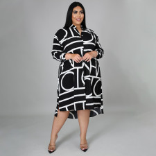 Plus Size CasuaL Printed Long Sleeve Shirt Dress NNWF-7255