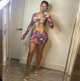 Floral Print Long Sleeve Mini Skirt 3 Piece Sets MDF-5225