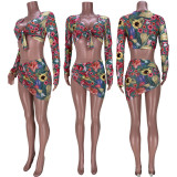 Floral Print Long Sleeve Mini Skirt 3 Piece Sets MDF-5225