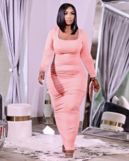 Plus Size Solid Square Collar Ruched Long Sleeve Maxi Dress XYF-9113