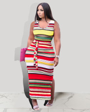 Large Size Sleeveless Contrast Color Striped Print Dress CXLF-KK841