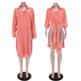 Solid Color Button Slit Long Shirt ASL-6397