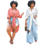 Solid Color Button Slit Long Shirt ASL-6397