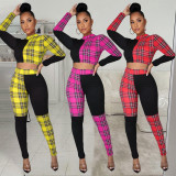 Plaid Patchwork Long Sleeve Two Piece Pants Set WPF-80258