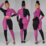 Plaid Patchwork Long Sleeve Two Piece Pants Set WPF-80258